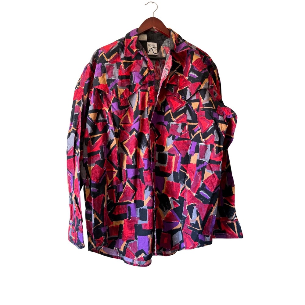 Vintage Roper Mens XL Western Snap Shirt Geometric Abstract Red Purple USA Made